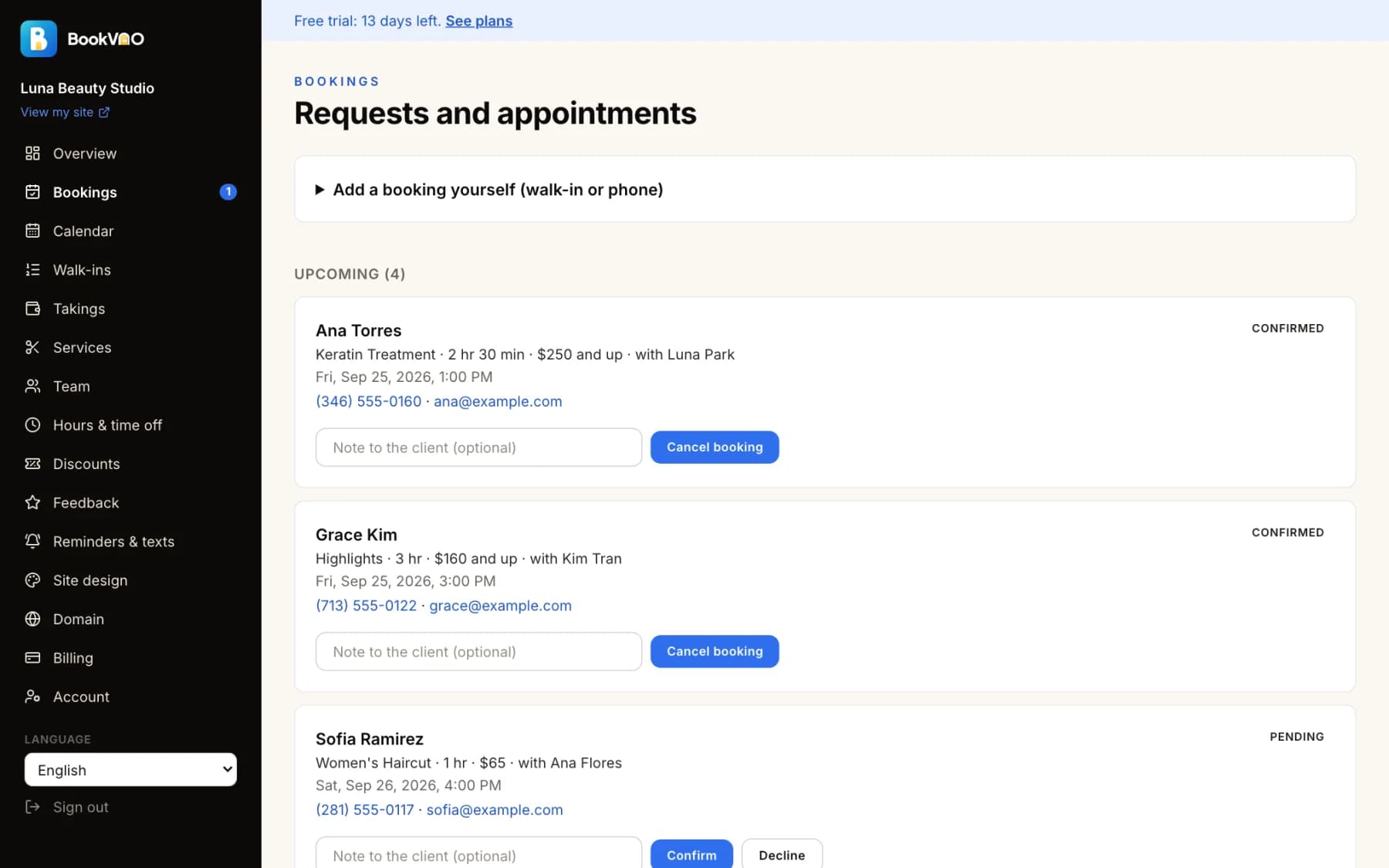 Booking requests in the BookVAO dashboard